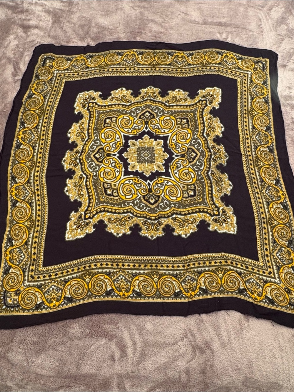 Symphony Black Square Scarf with Gold Paisley Motif
